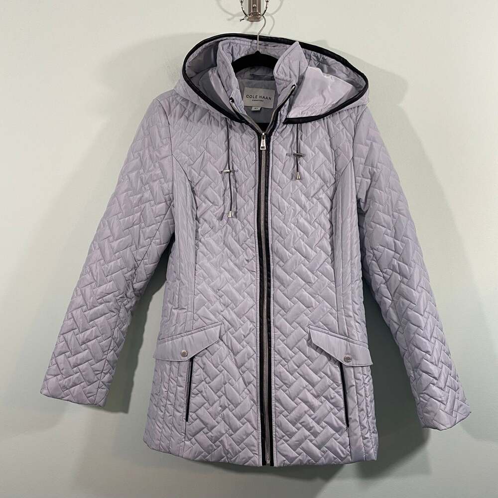 Cole Haan Light Blue Leather Trim Full Zip Hooded Quilted Jacket Sz M Sample
